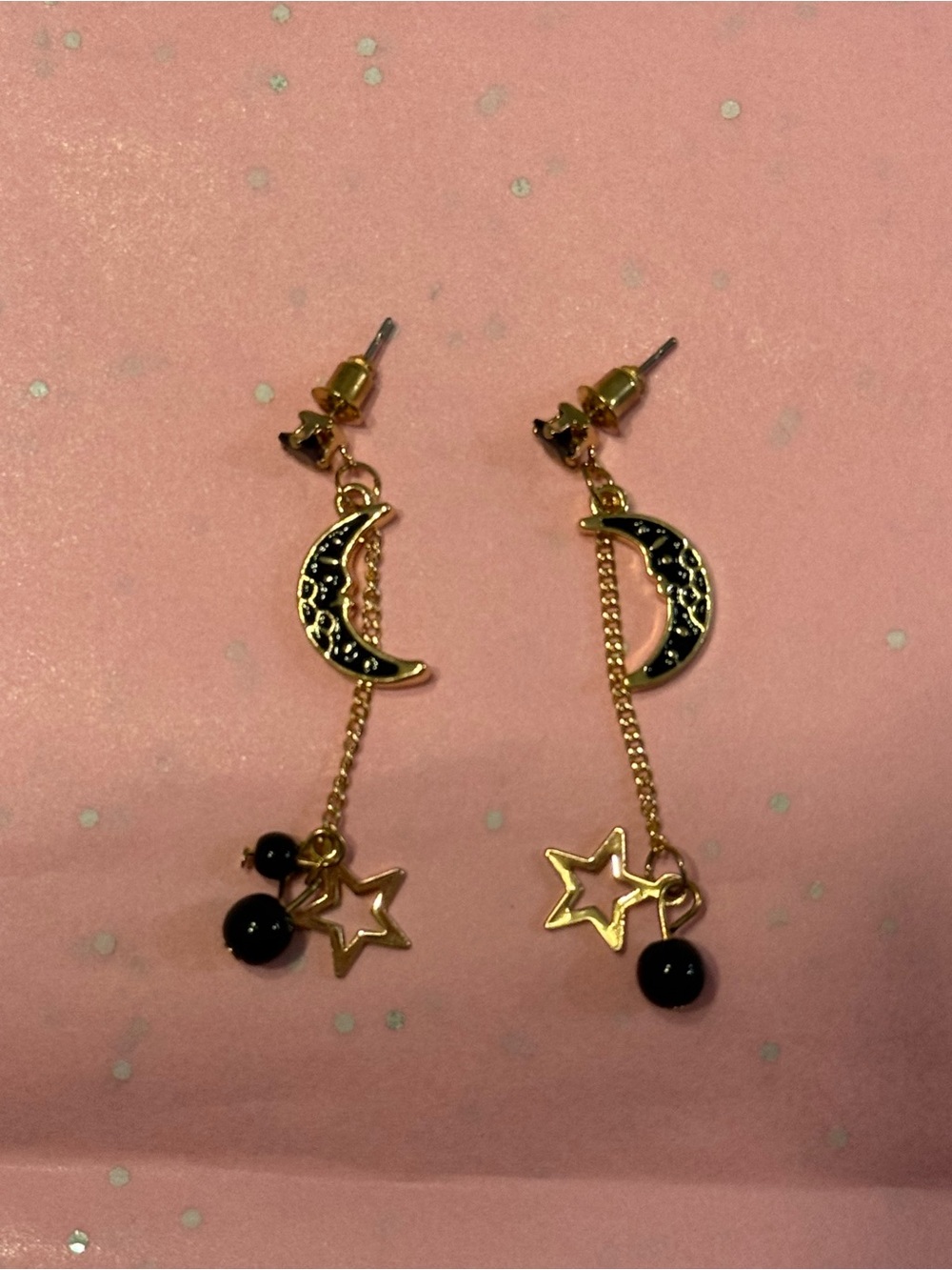 Gold Celestial Moon & Star Drop Earrings - Black Accent